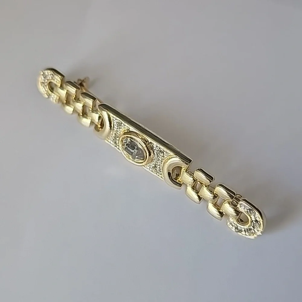Vintage Gold Tone Metal and Rhinestone Chain Link Bar Brooch